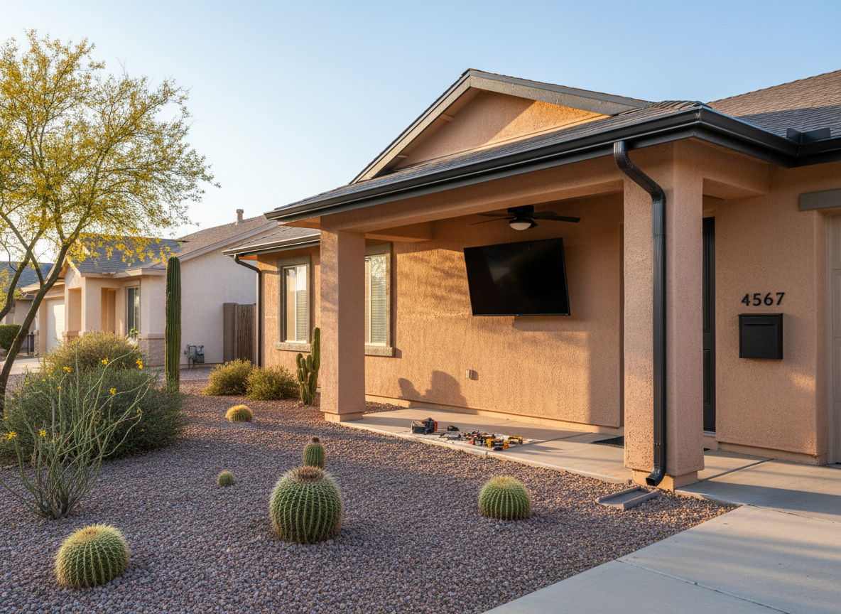 A tidy suburban single-story home exterior showcasing freshly completed handyman work: new gutters with clean, sharp lines hugging the roof edge, a perfectly mounted black metal mailbox, and a neatly aligned outdoor TV under a covered patio. The stucco walls in warm desert tones contrast with the dark fascia boards. The scene is set in a Phoenix-style neighborhood with desert landscaping, gravel, and drought-tolerant plants. Late afternoon golden sunlight casts crisp yet soft shadows, emphasizing clean craftsmanship. Photographic realism with an eye-level composition and moderate depth of field keeps the house in sharp focus while softly blurring distant homes, creating a professional, trustworthy atmosphere suitable for a handyman service homepage.