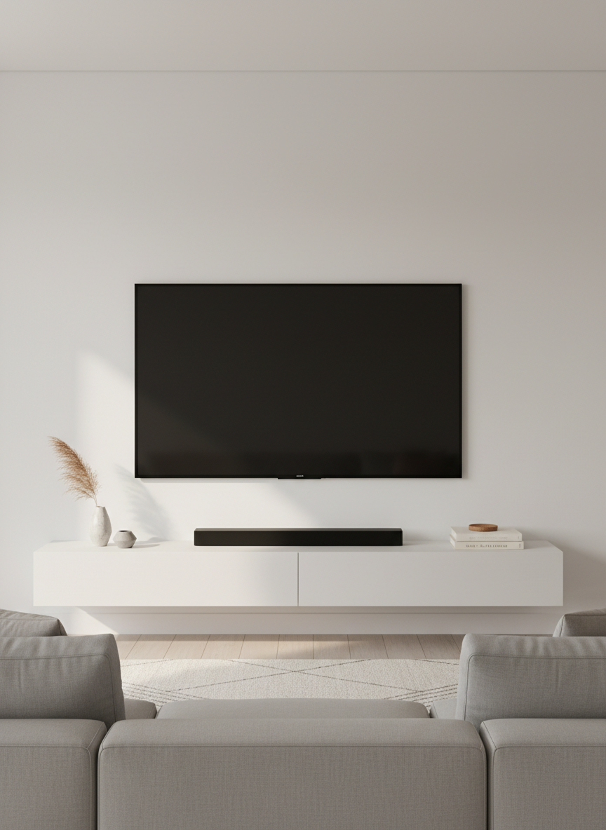 A spotless, modern living room wall featuring a large flat-screen TV perfectly mounted at ideal viewing height, with concealed cables running through a clean white wall. Beneath the TV, a low-profile floating media shelf holds a neatly arranged soundbar and small decorative objects. The surrounding space includes a light gray sectional sofa and a minimal rug, all in muted neutral tones. Soft, diffused daylight enters from an unseen window, creating gentle highlights on the TV’s edges and subtle shadows under the shelf. Shot straight-on at eye level with photographic realism, the composition uses a centered, balanced framing that emphasizes precision, alignment, and professional workmanship for TV mounting services.