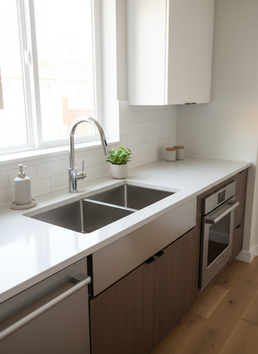 A freshly installed modern stainless steel kitchen sink in a bright, contemporary kitchen, with clean countertops and updated fixtures, photo-realistic